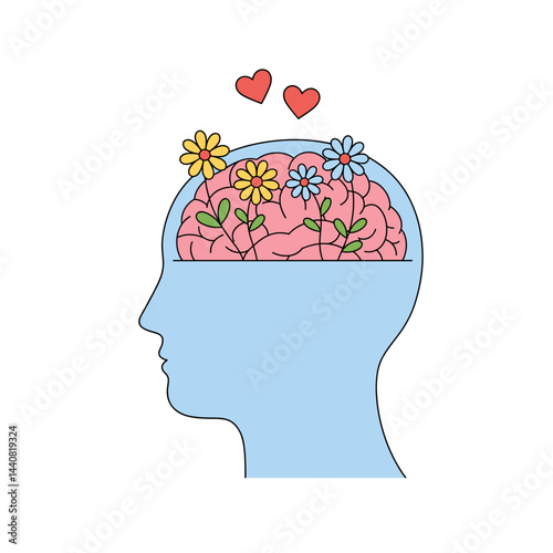 Mindful bloom: A vibrant illustration depicts a person's inner world blossoming with flowers and hearts, a visual representation of positivity, creativity, and mental well-being.