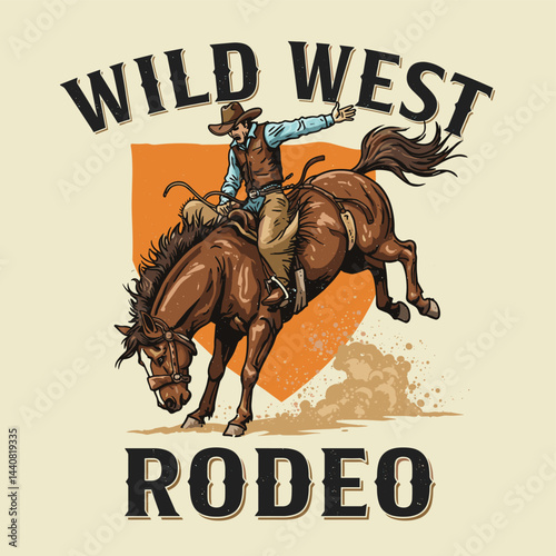 Wild West Rodeo: Dynamic illustration of a cowboy riding a bucking bronco in a thrilling rodeo competition. Capturing the action of Wild West with determination.