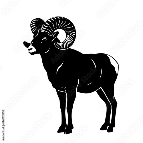 Majestic Ram Silhouette: A striking black and white silhouette of a majestic ram, its curled horns a symbol of strength, grace and wilderness.