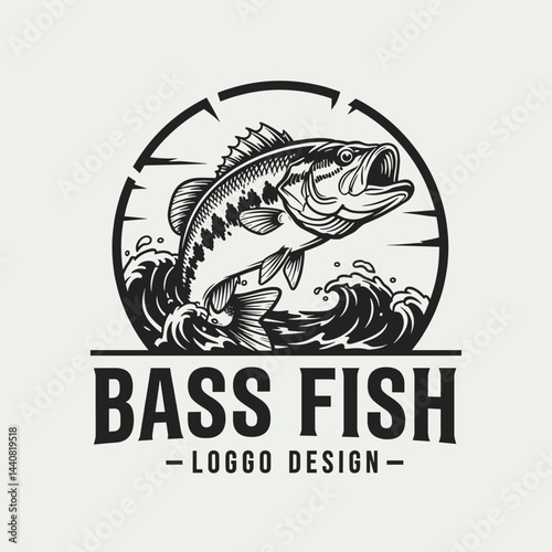 Bass Fish Logo Design: An intricately illustrated bass fish leaps from the water, accompanied by stylized waves, perfect for fishing-related logos and branding.