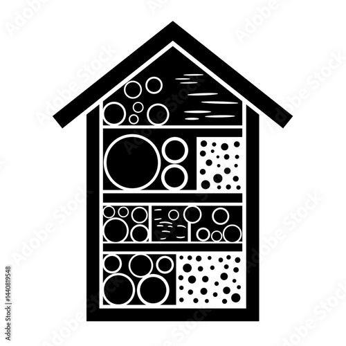 Solitary Bee Habitat: A stylized, bold black and white illustration of a bee house, offering a safe haven for solitary bees to thrive, promoting biodiversity and the health of our ecosystems.