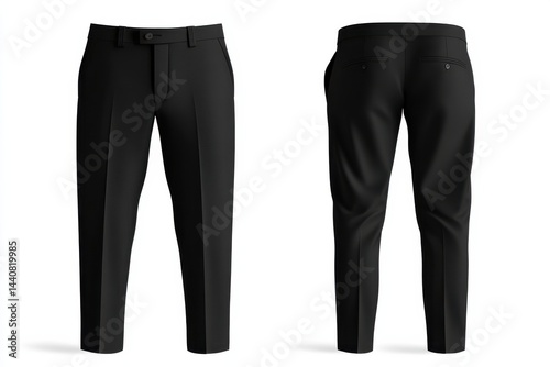 Formal black trousers presented in a sleek, front and back view on a plain white background, showcasing its elegant design.