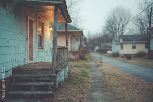 Fototapeta Naklejka Na Ścianę i Meble -  Old wooden steps lead to a weathered blue house on a quiet street in late afternoon light in a small town