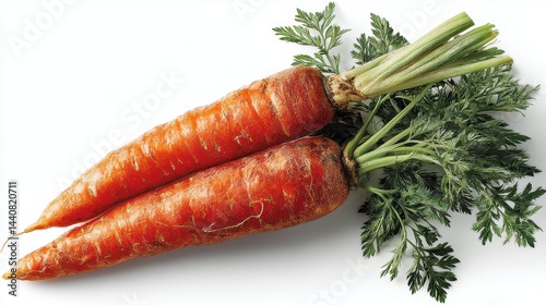 a vibrant orange carrot with its leafy green top on a white isolated background, fresh and healthy design