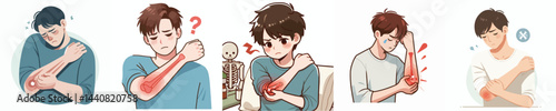 flat design vector collection of a young man suffering from elbow pain