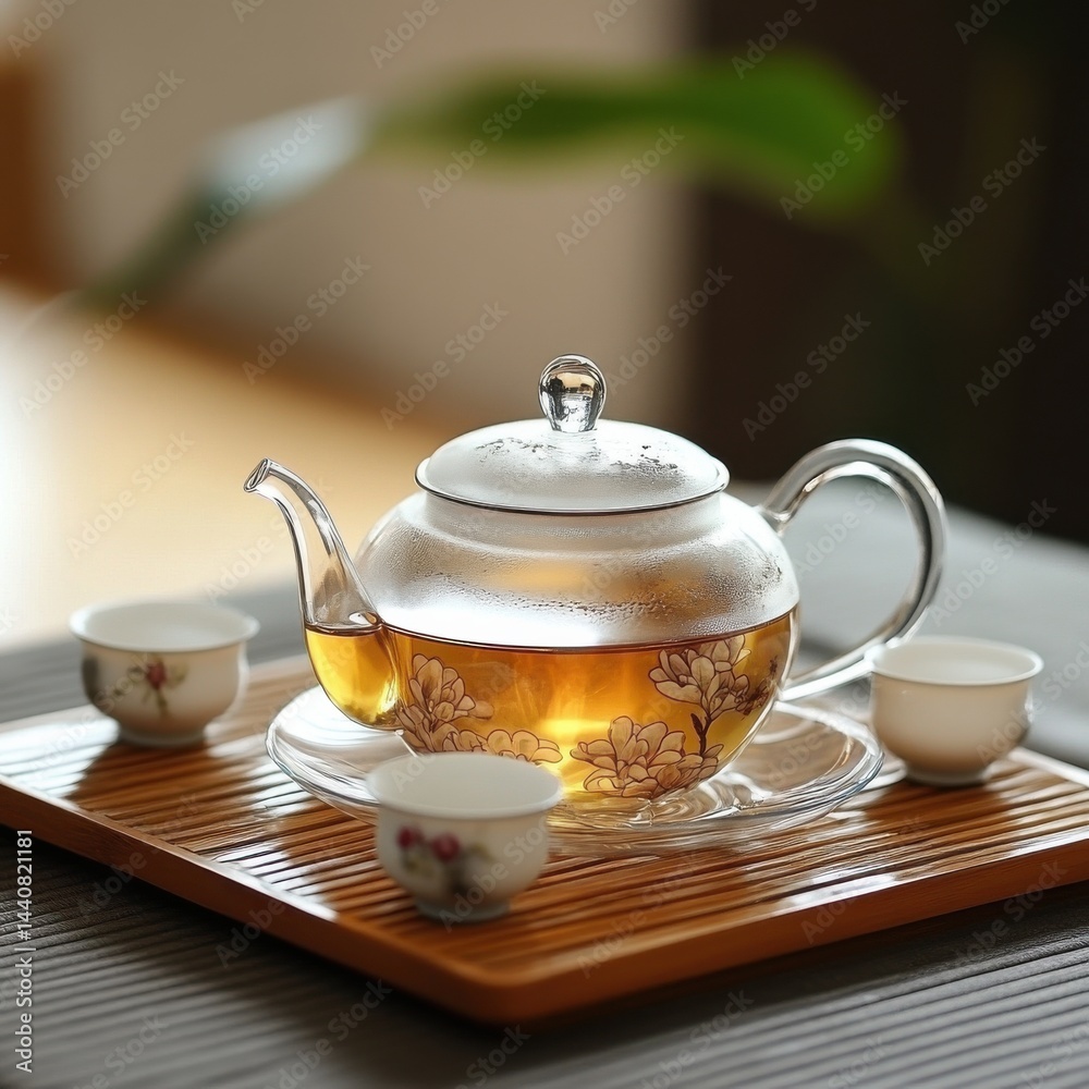 Elegant glass teapot filled with golden tea, accompanied by delicate cups, creating a tranquil setting for a tea ceremony. Elegant glass teapot filled with golden tea, accompanied by delicate cups, creating a tranquil setting for a tea ceremony.