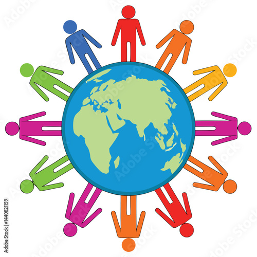 People around the globe, a diverse group holding hands in unity, illustrates global community and friendship across the earth