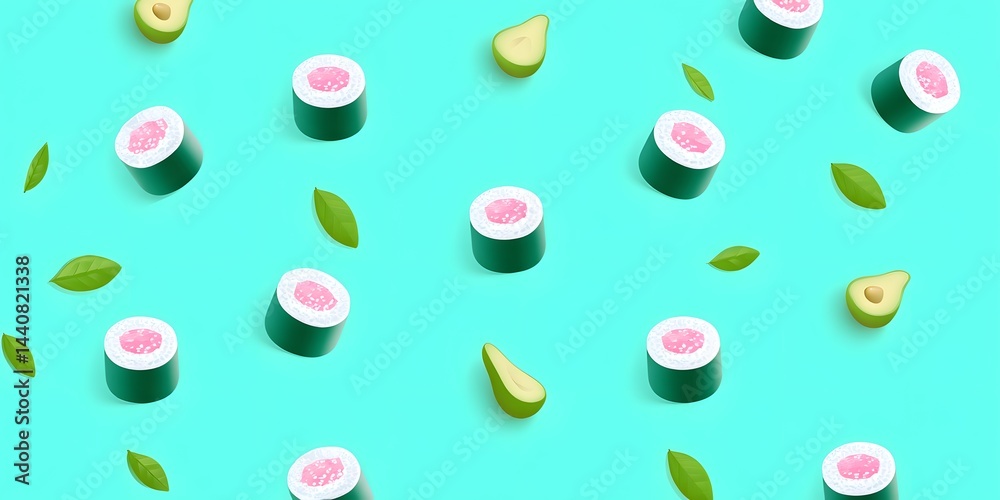 Vibrant sushi rolls surrounded by fresh avocado slices and green leaves, set against a teal background. A colorful and appetizing food arrangement perfect for culinary themes. Vibrant sushi rolls surrounded by fresh avocado slices and green leaves, set against a teal background. A colorful and appetizing food arrangement perfect for culinary themes.