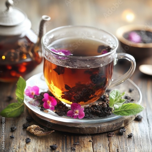 Floral Tea Service: A clear cup filled with herbal tea, adorned with flowers and mint, sits beside a teapot on rustic wood. Serene.