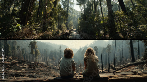 A split-screen visual metaphor capturing two starkly different realities a lush rainforest thrives with vibrant life and deforestation paints a grim picture of environmental destruction. Generative AI photo
