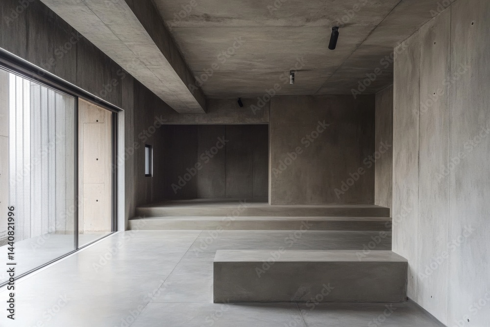 Fototapeta premium Minimalist architectural interior with exposed concrete, natural light from a large window, and raised platform space.