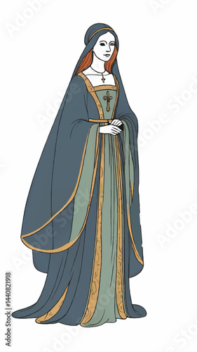 woman in medieval costume with cross and veil cartoon vector illustration