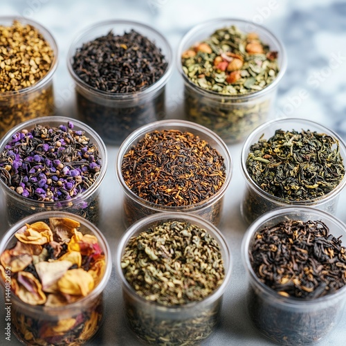 Assorted Tea Selection: A colorful variety of loose-leaf teas showcased in clear jars, offering a glimpse into flavors and aromas.