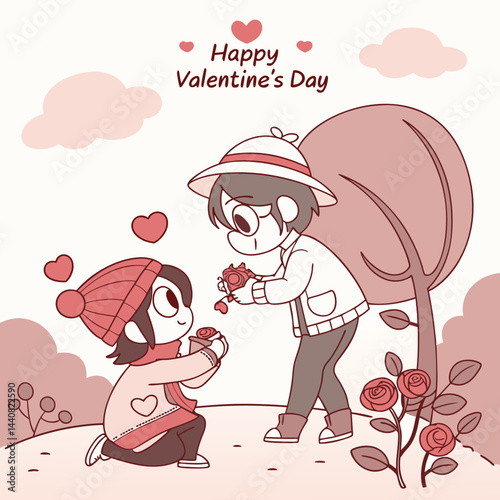 Cute Couple Sharing Roses on Valentine's Day