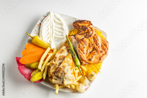 Grilled Chicken with French Fries, Flatbread, and Vegetables on a Plate Isolated on White Background

