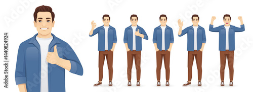 Set of young handsome man wearing casual clothes in different poses. Various gestures - greeting, showing ok sign, thumbs up, standing exited. Isolated vector illustration