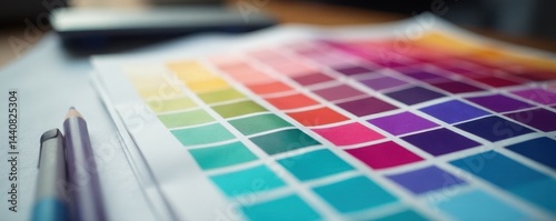 Close-up of graphic design tools, vibrant color swatches on desk, workspace, tablet, keyboard