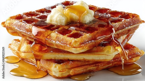 a stack of crispy, golden waffles with butter and syrup on a white isolated background, sweet and indulgent design