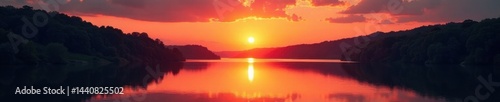 Blazing sunset over tranquil river; vivid hues mirrored in glassy surface , reflection, landscape, river scene