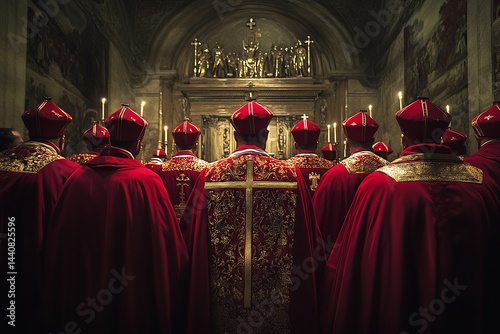 Secret meeting of priests gathered in a dimly lit room, discussing confidential matters, evoking mystery and solemnity