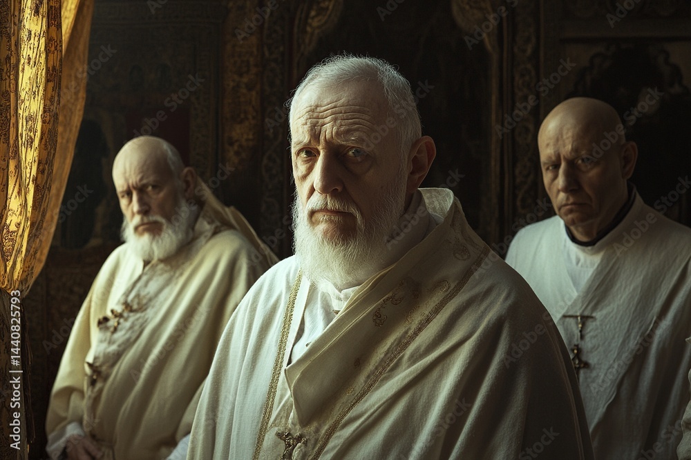 Naklejka premium Secret meeting of priests gathered in a dimly lit room, discussing confidential matters, evoking mystery and solemnity