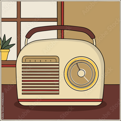 Vintage retro radio icon with antenna and speaker, vector illustration of classic audio equipment