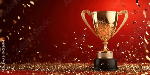 Shiny trophy placed on a pedestal surrounded by festive confetti on a vibrant red background