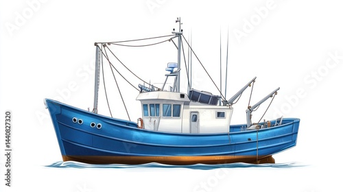 Illustration of a fishing boat, side view, on water, for educational or stock use