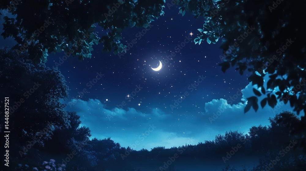 Naklejka premium A calming night scene with a crescent moon and twinkling stars above a serene landscape in blues and greens.