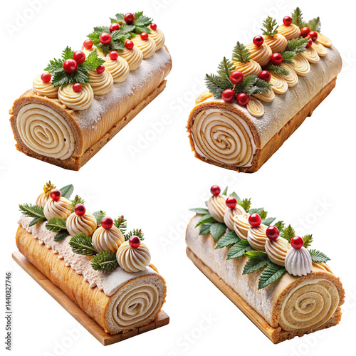 Christmas Yule Log Cake PNG - Traditional Holiday Dessert with Cranberries and Rosemary on Transparent Background for Festive Menu Design and Food Marketing