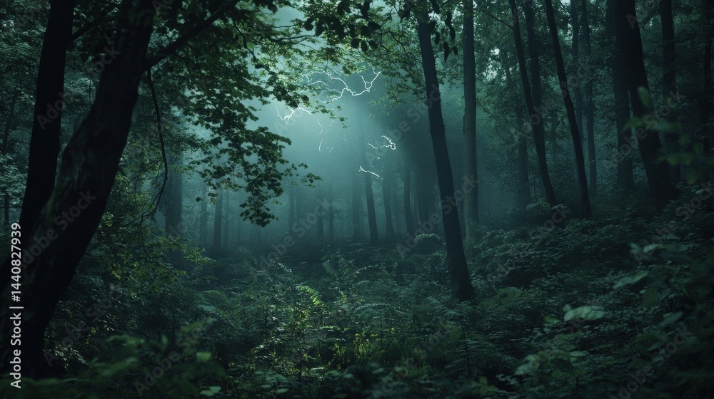 Fototapeta premium Mysterious Forest with Fog: A Quiet Path Through Dense Trees Under Whispering Leaves