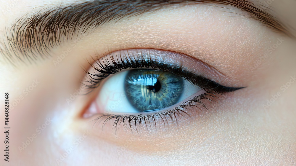 Obraz premium A close up of a blue eye with eyeliner and long eyelashes and an eyebrow in soft focus detail
