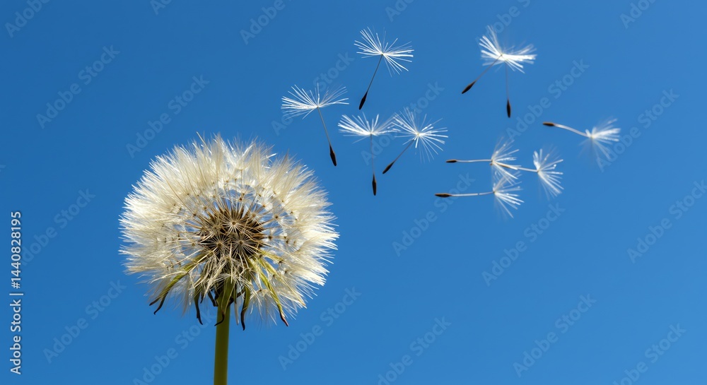 Obraz premium Dandelion Seed Head with Seeds Floating on Clear Blue Sky