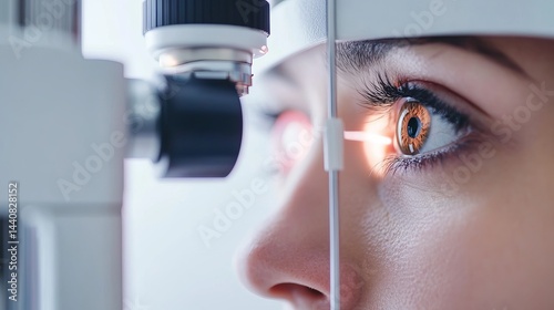 Close up of a woman's eye being examined with an ophthalmic instrument during an eye exam procedure