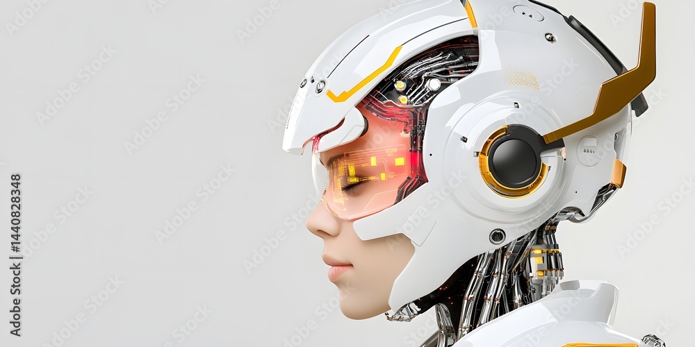 Fototapeta premium Futuristic robotic head design, showcasing advanced technology and human-like features, perfect for illustrating concepts of artificial intelligence and innovation.