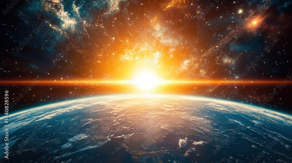 Obraz premium Stunning View of Earth and Sunrise in Space, Capturing the Beauty of Our Planet and the Universe Beyond