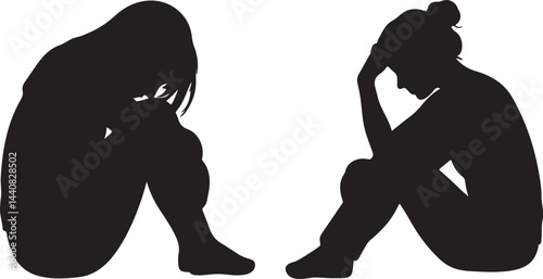 silhouette design of sitting depressed women vector art illustration
