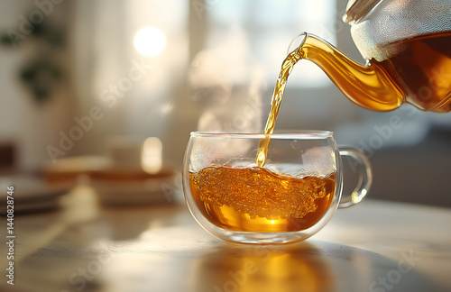 Pouring hot tea into a glass cup
