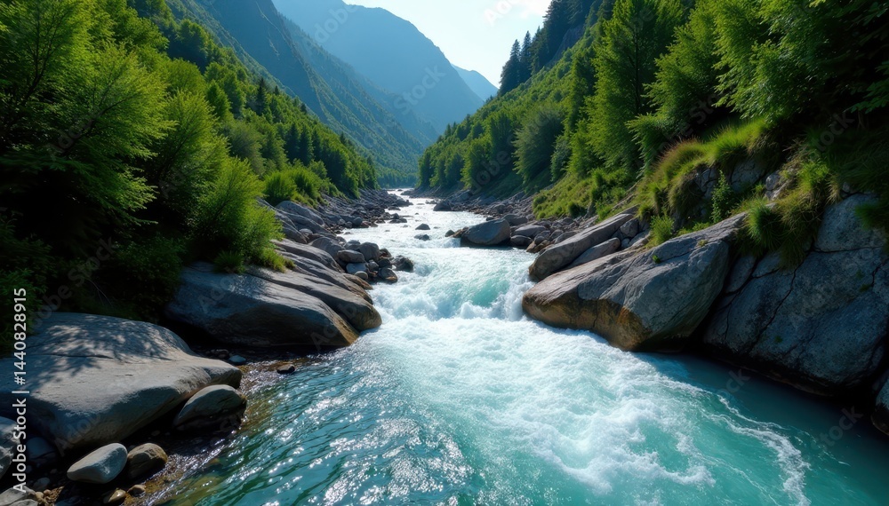 Obraz premium Steep mountain river with whitewater rapids and falls , landscape, shadow, green