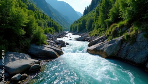 Steep mountain river with whitewater rapids and falls , landscape, shadow, green