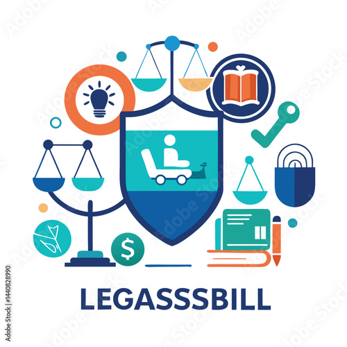 Vector logo showcasing the concept of an online legal service designed for accessibility, involving various legal elements and tools for assistance