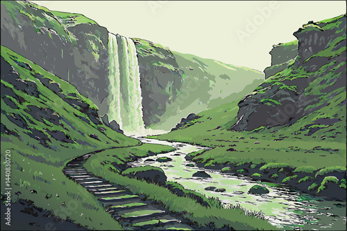 56 Majestic waterfall, lush green valley, misty mountains, stepping stones path, serene river, foggy atmosphere, dramatic landscape, ethereal light, verdant grass, ancient rocks, hidden paradise, tran