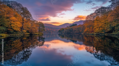 Serene autumn landscape with colorful trees reflected in calm water, creating a peaceful scene at sunrise in a misty mountain area.