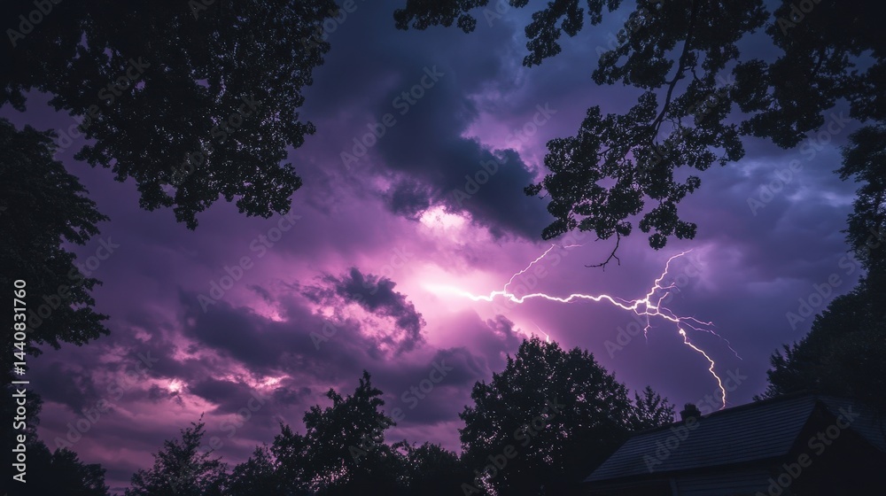 Fototapeta premium Dramatic lightning strikes through purple storm clouds in a captivating night sky