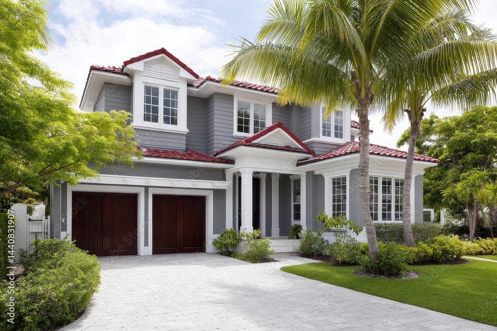 Elegant Gray House with Red Roof and Palm Trees - A luxurious home showcasing a sophisticated blend of gray walls, white trim, and a striking red tile roof. Palm trees frame the house Elegant Gray House with Red Roof and Palm Trees - A luxurious home showcasing a sophisticated blend of gray walls, white trim, and a striking red tile roof. Palm trees frame the house