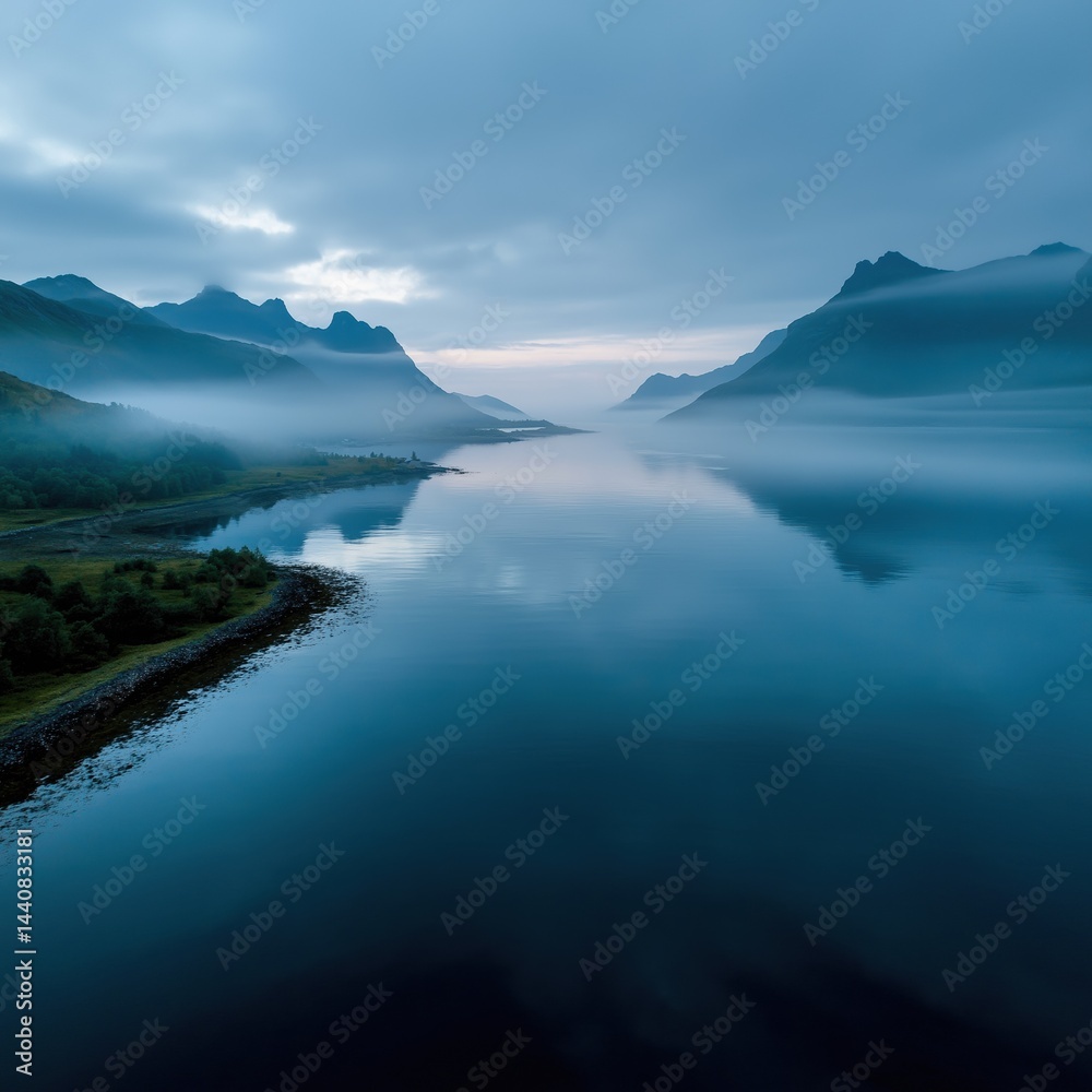 Calm fjord in Lofoten Norway at dawn with soft mist covering green hills and mountain ranges
Calm fjord in Lofoten Norway at dawn with soft mist covering green hills and mountain ranges