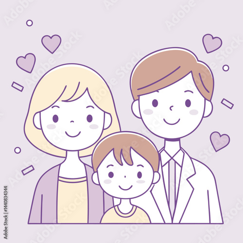 Happy cartoon family illustration with smiling mother, father, boy, girl, and baby showing love and fun in their childhood
