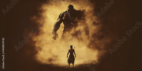 David Versus Goliath at Sunset, Biblical Story Concept