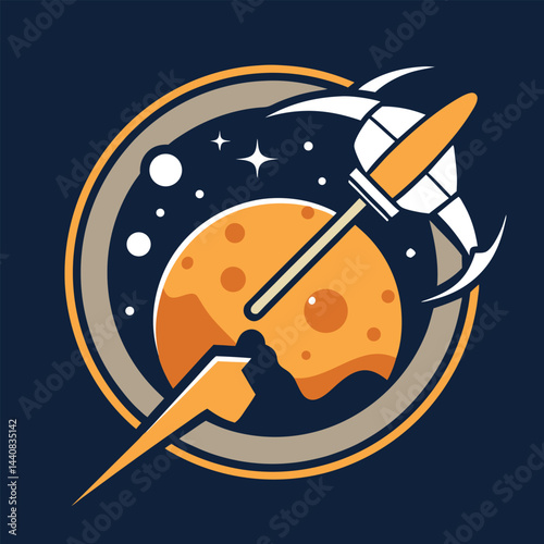 Minimalist logo design for a space resource extraction company featuring a futuristic spacecraft and celestial elements in a dark background
