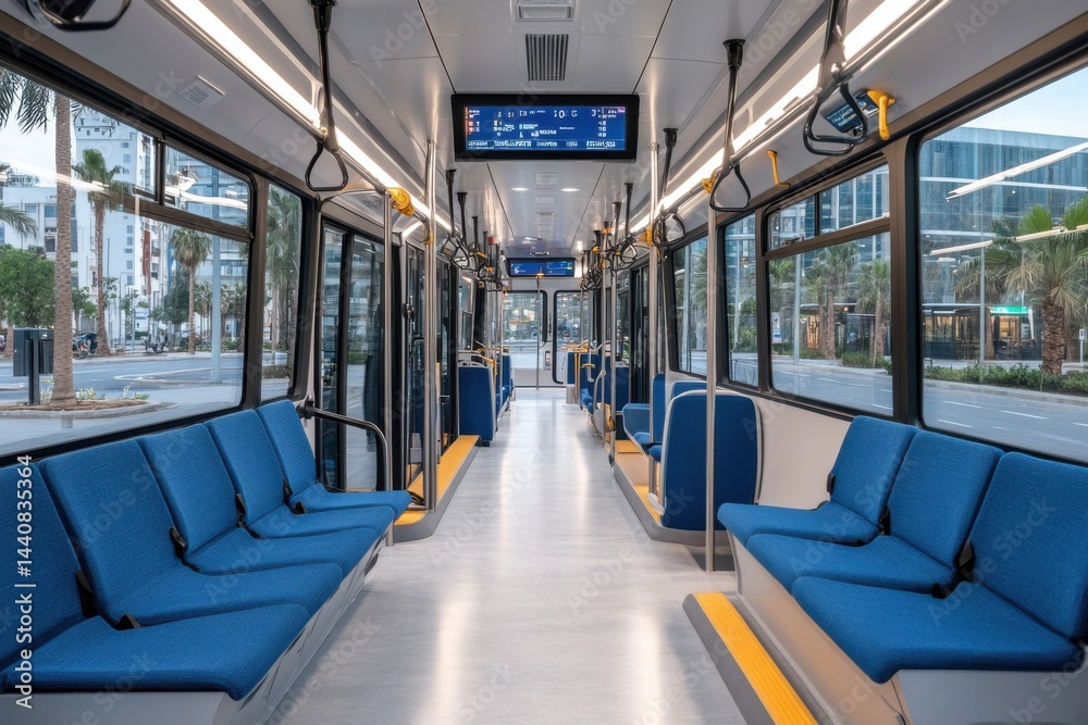 Fototapeta premium Modern public transit interior showcases clean design and comfortable seating in an urban environment during daylight hours